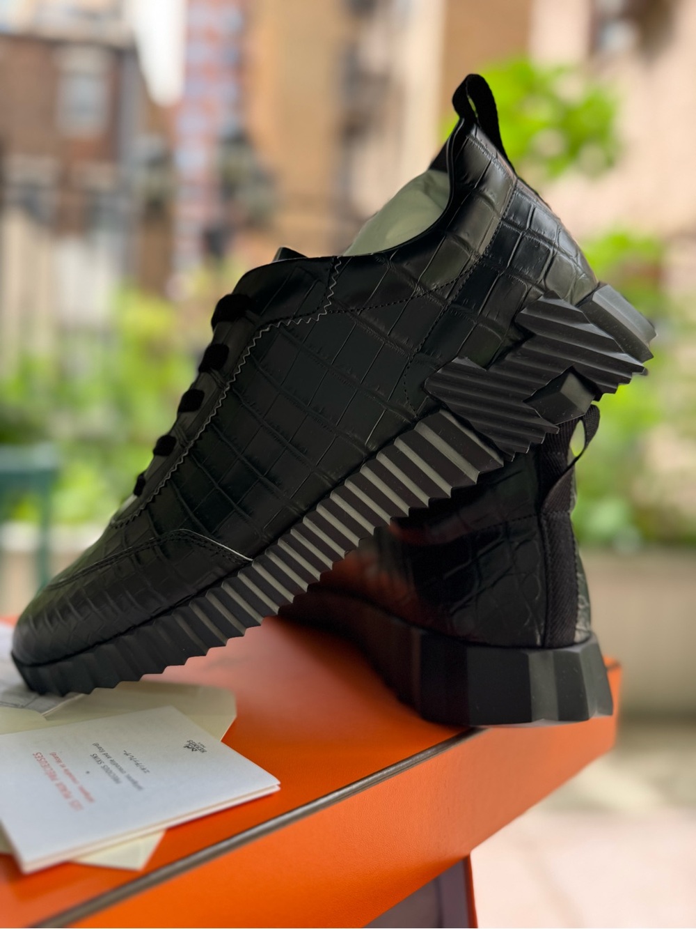 Hermes Black Croc-Embossed Leather Sneakers